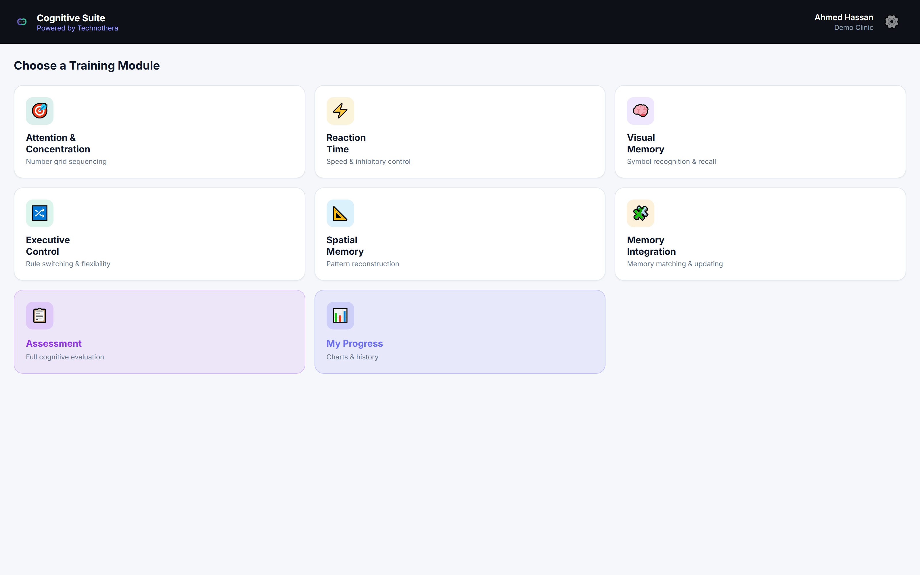 Cognitive Suite dashboard showing all six training modules plus Assessment and My Progress